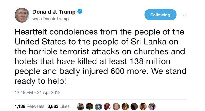 ‘শ্রীলঙ্কায় বোমা হামলায় ১৩৮ মিলিয়ন লোক নিহত’: শোকাহত ট্রাম্পের বেখাপ্পা ভুল!