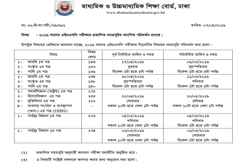 এইচএসসির ৫ পরীক্ষার সময়সূচি পরিবর্তন