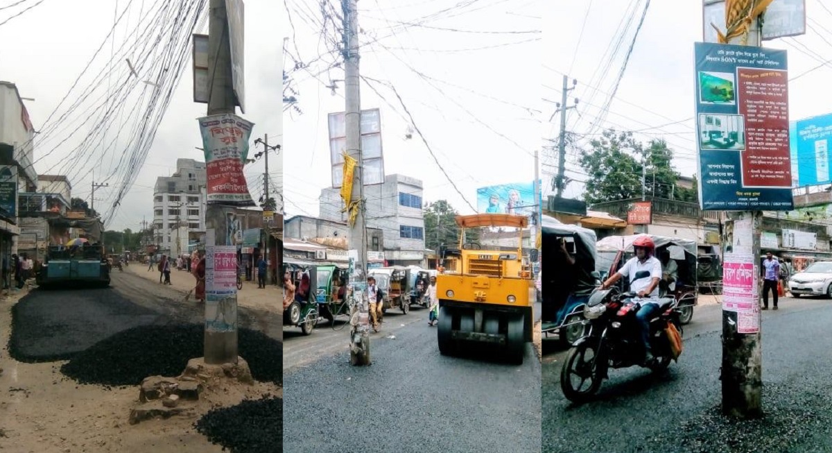 সড়কের মাঝখানে ৮ বৈদ্যুতিক খুঁটি রেখেই কার্পেটিং!