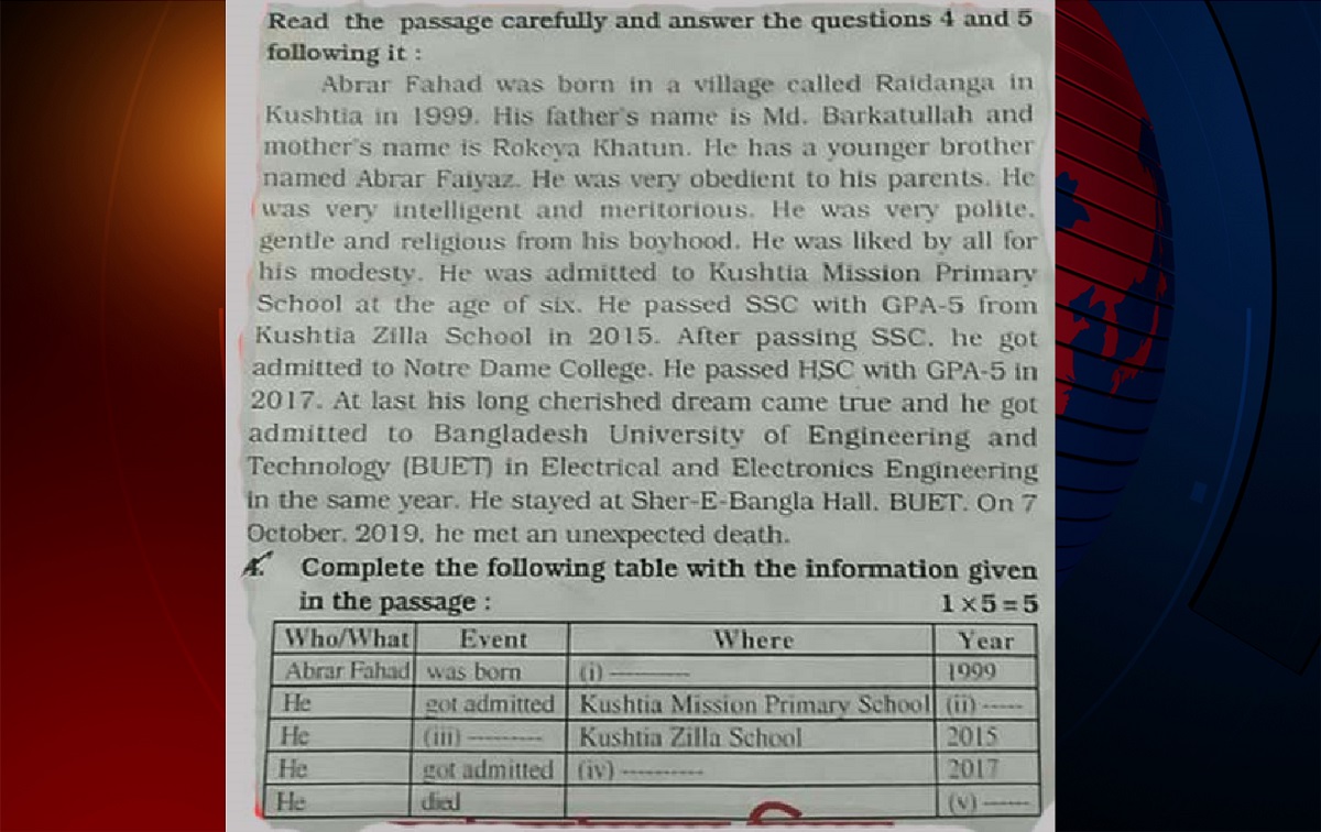 মতিঝিল আইডিয়ালের প্রশ্নপত্রে আবরার ফাহাদ