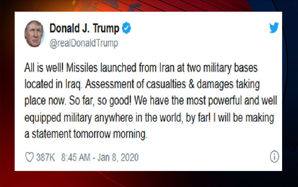 মার্কিন ঘাঁটিতে ইরানি হামলায় ট্রাম্পের টুইট ‘অল ইজ ওয়েল’