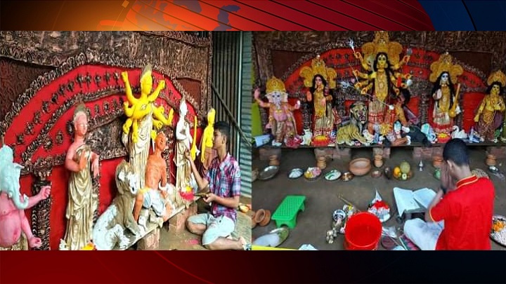 নিজেই প্রতিমা তৈরি করে পূজা করছে দুর্গাপুরে কিশোর