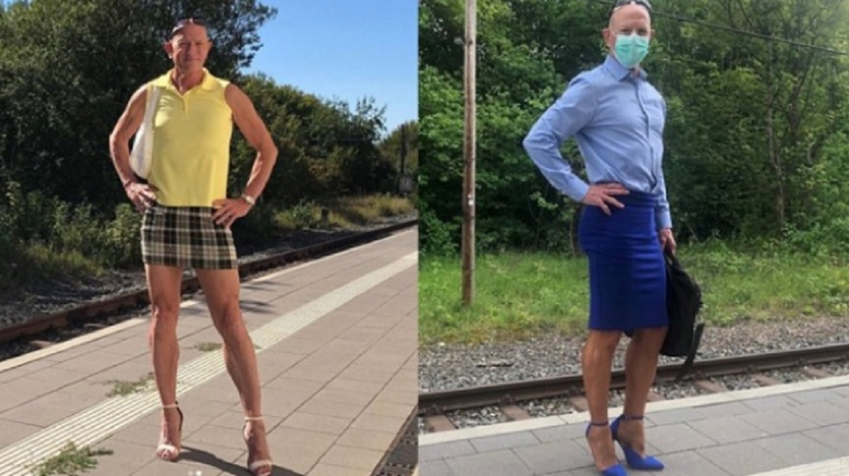 মেয়েদের হিল ও স্কার্ট পরে অফিস করেন এই পুরুষ (ভিডিও)