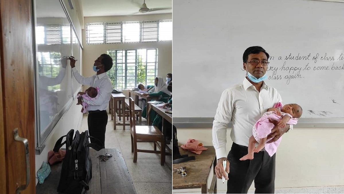 করোনায় বাল্যবিবাহ হওয়া ছাত্রীর সন্তানকে কোলে নিয়ে ক্লাস নিলেন শিক্ষক