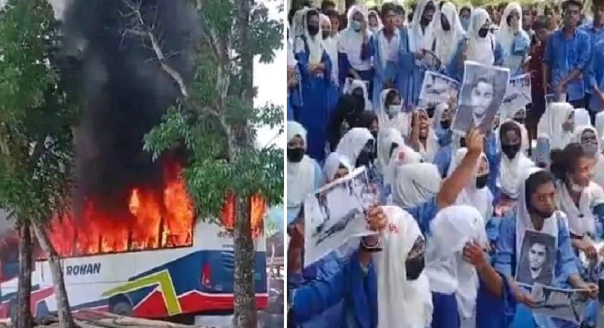 পিরোজপুরে বাসচাপায় কলেজছাত্রের মৃত্যু, ঘাতক বাসে আগুন বিক্ষুব্ধ শিক্ষার্থীদের