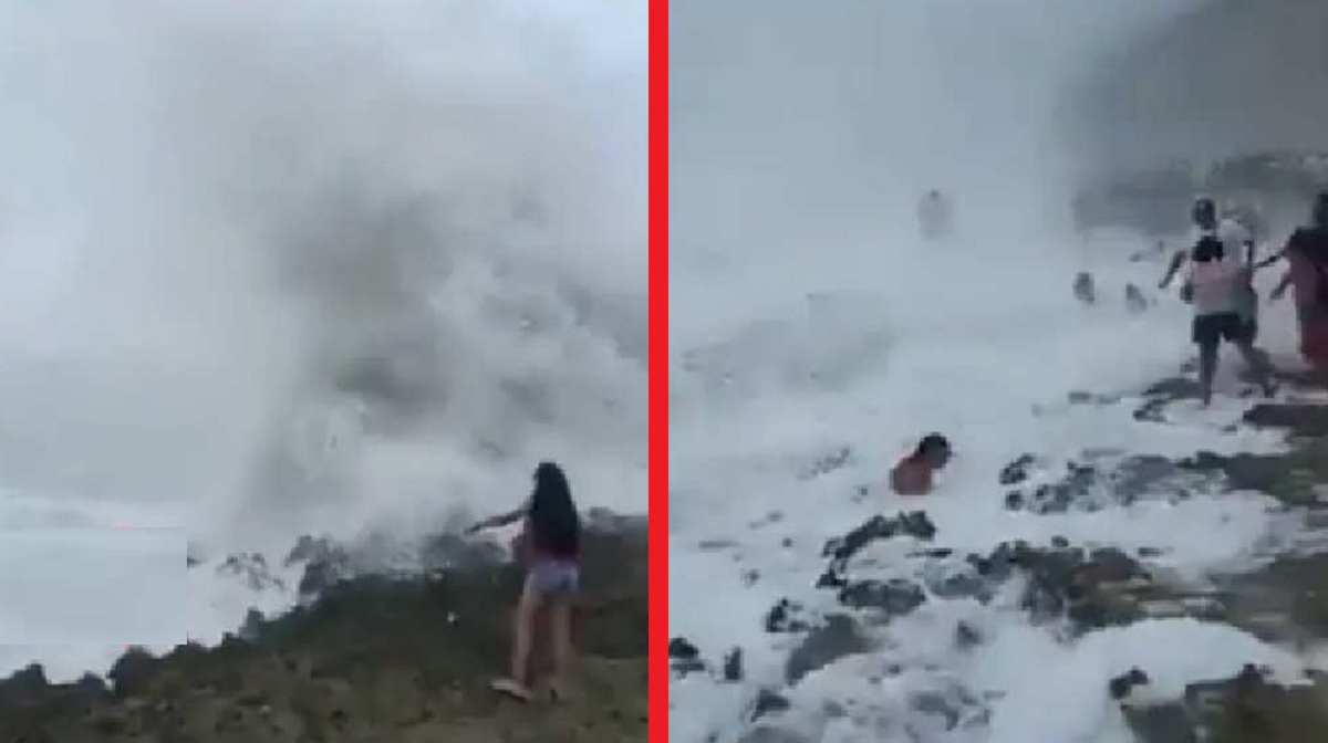 উত্তাল সমুদ্রের ধারে তুলছিলেন ছবি, ভাসিয়ে নিয়ে গেল বিশাল ঢেউ! (ভিডিও)