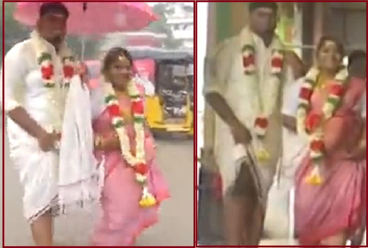 বন্যায় তলিয়ে গেছে মন্দির, তবু ছাতা মাথায় ছাদনাতলায় দম্পতি