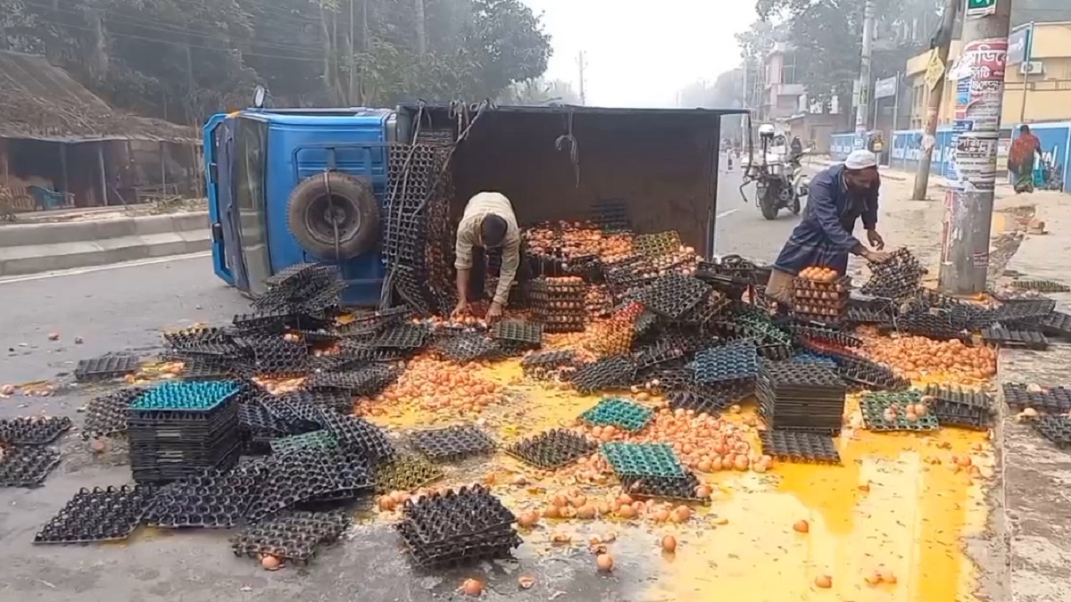 রাজবাড়ীতে ট্রাক উল্টে ভেঙ্গে গেলো ৩৬ হাজার ডিম